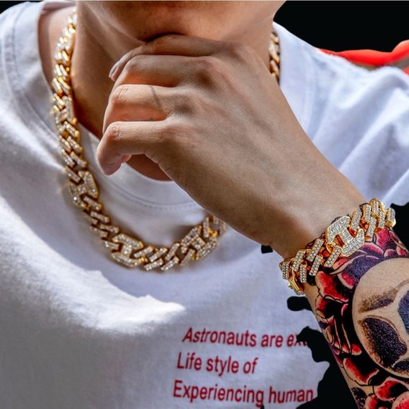 Prong Cuban Link Chain Choker Necklace Bracelet Set - Picture 3 of 3